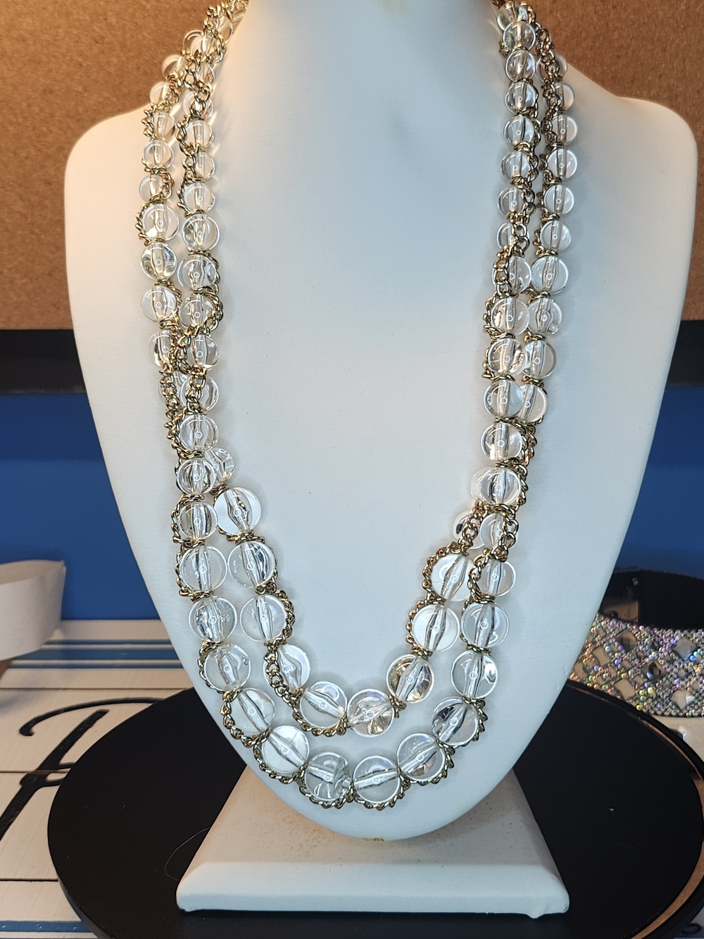 NY & Co Gold Tone Clear Glass Bead Layered Necklace 18" + 3" Extender Modern
